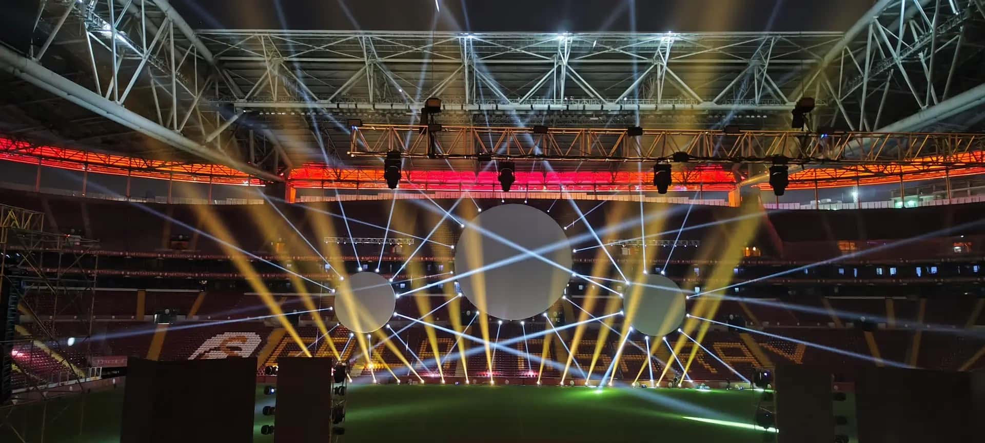 Stage backdrop LED wall with beam lights and haze