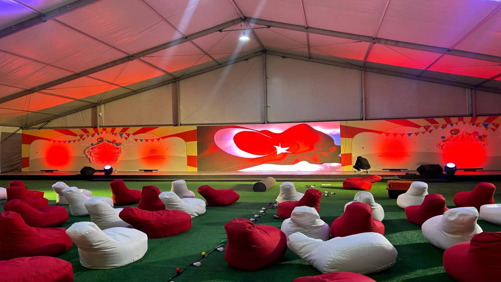 Concert stage with professional truss roof, LED wall and lighting installation
