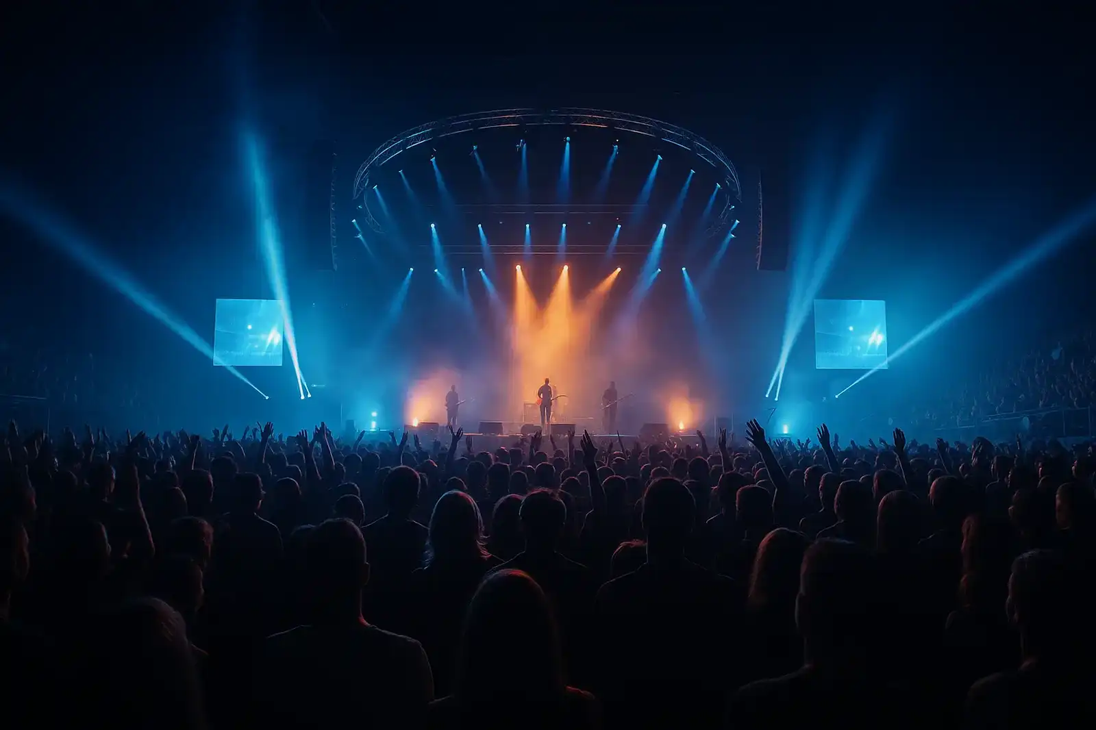 خلفية تعرض منصة مع شاشة LED وهيكل تعليق وإضاءة من فريق ساهنيفا للتقنيات الحدثية