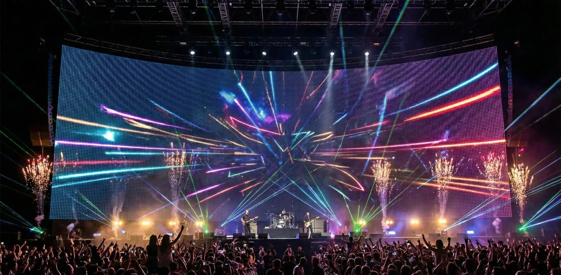 Geniş LED ekranlı modern kurumsal sahne ve ışık tasarımı