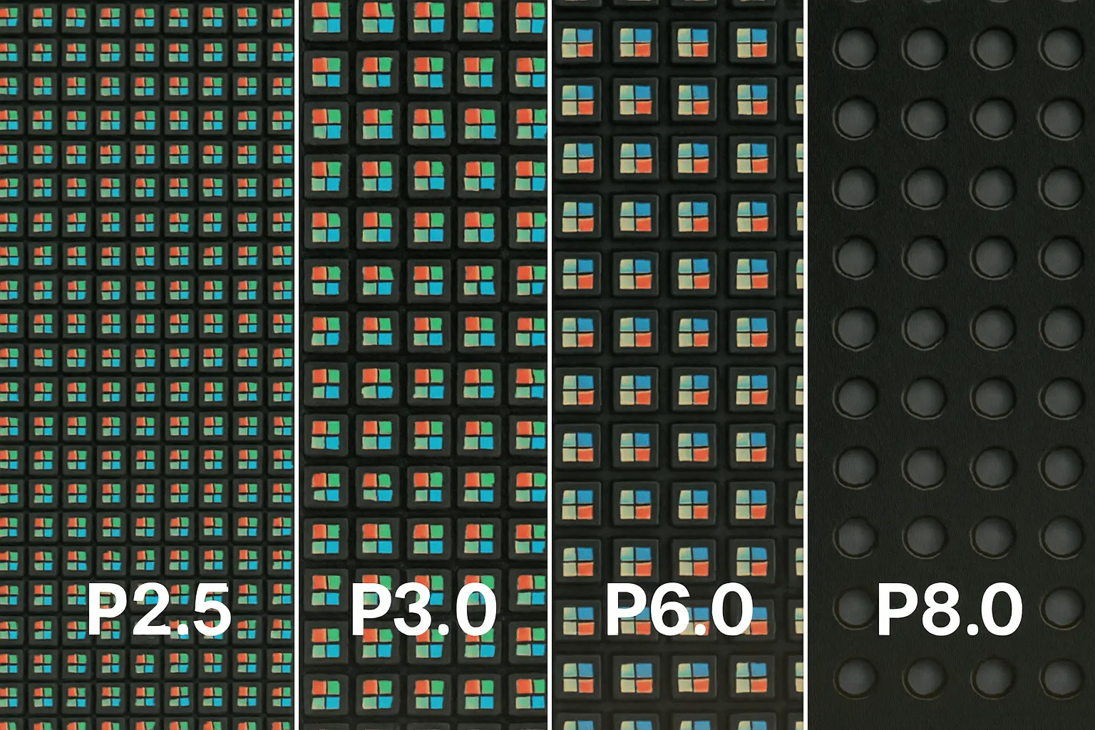 LED ekranlarda fine-pitch ve daha geniş piksel aralığını temsil eden genel karşılaştırma görseli