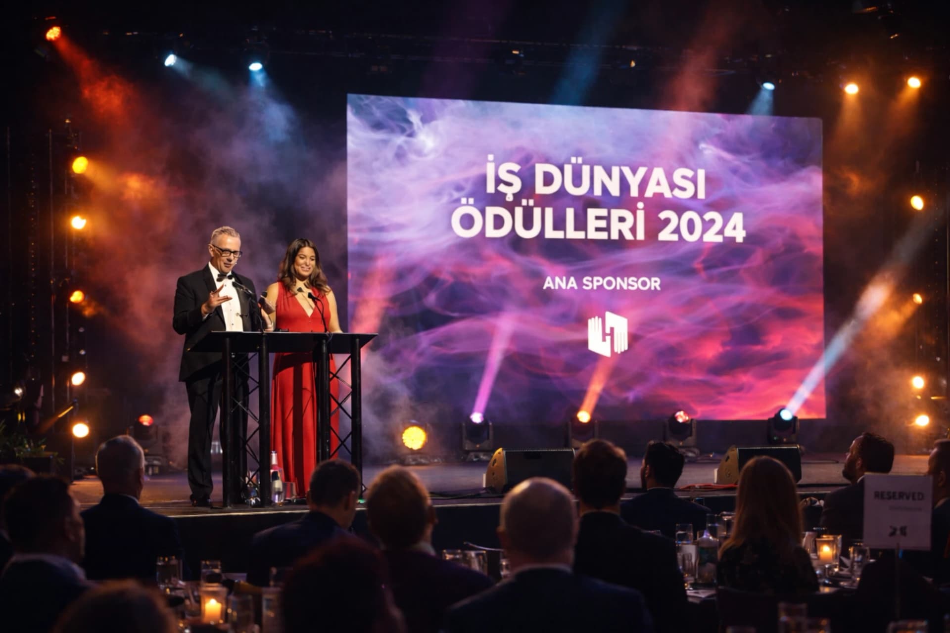 Kurumsal panel konuşmacı sahne – micro-learning ve interaktif bilgi oturumu etkinlik düzeni