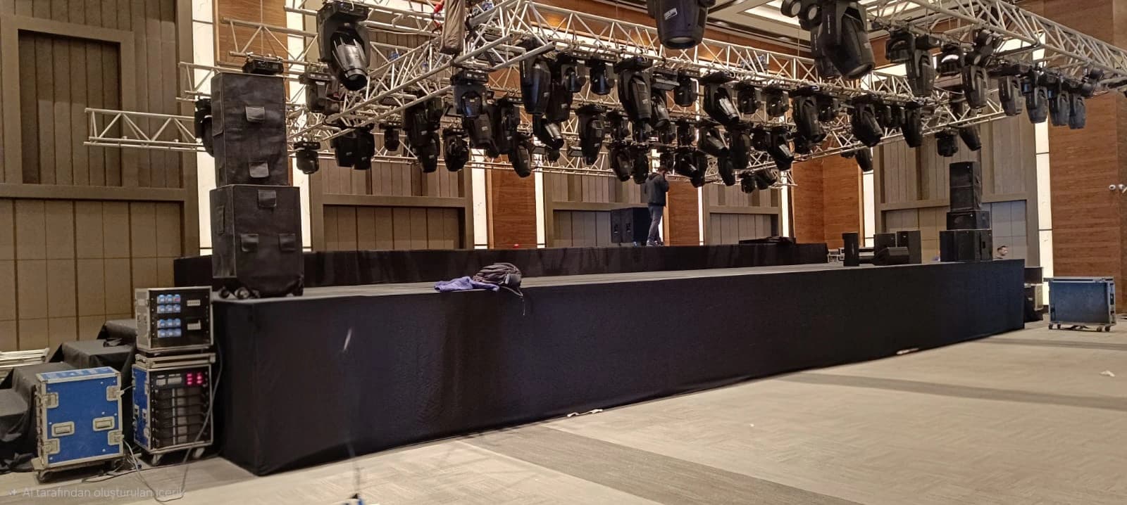 Square truss installation at a concert stage