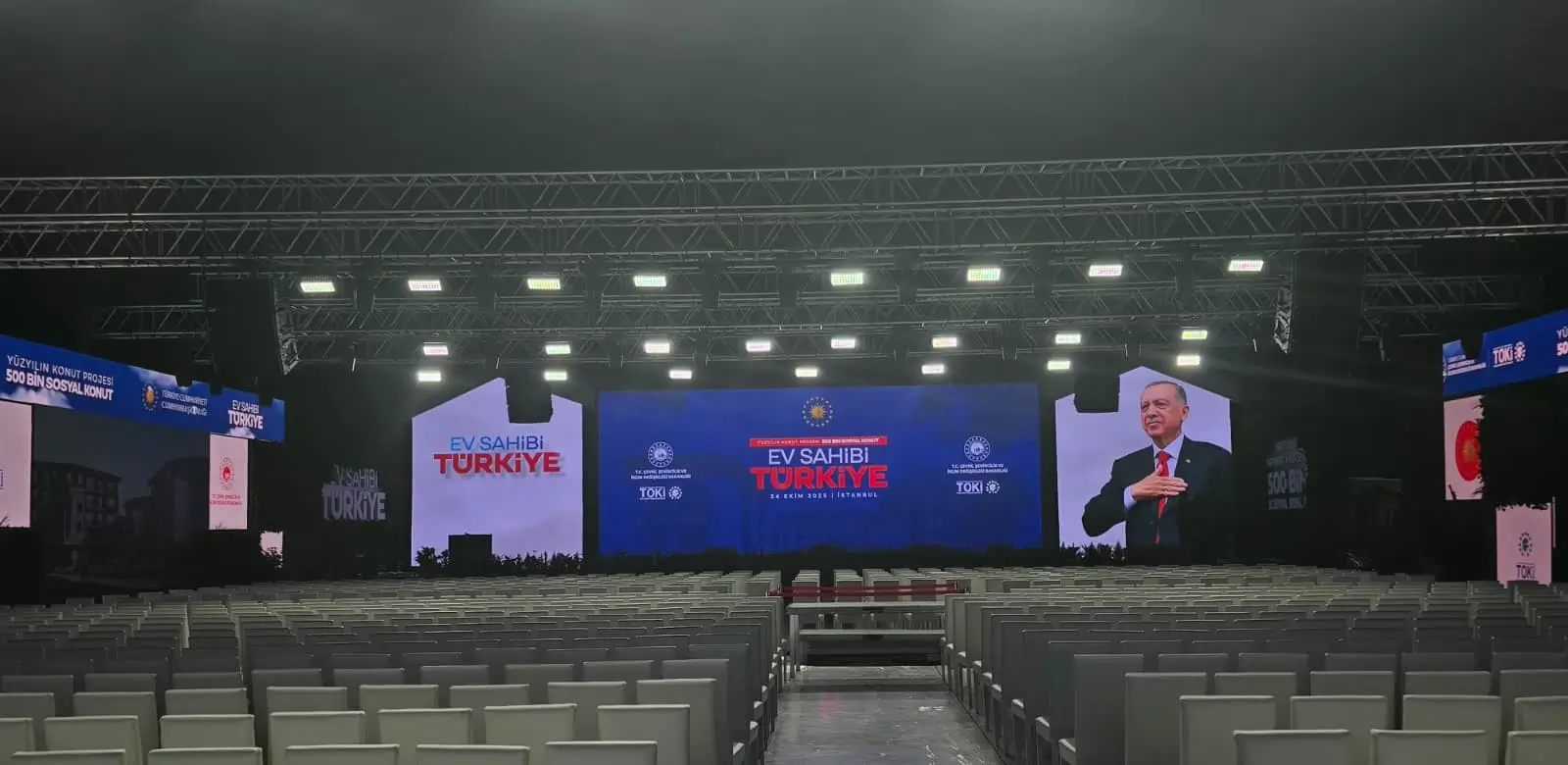 Front view of the stage and seating layout prepared for protocol seating order