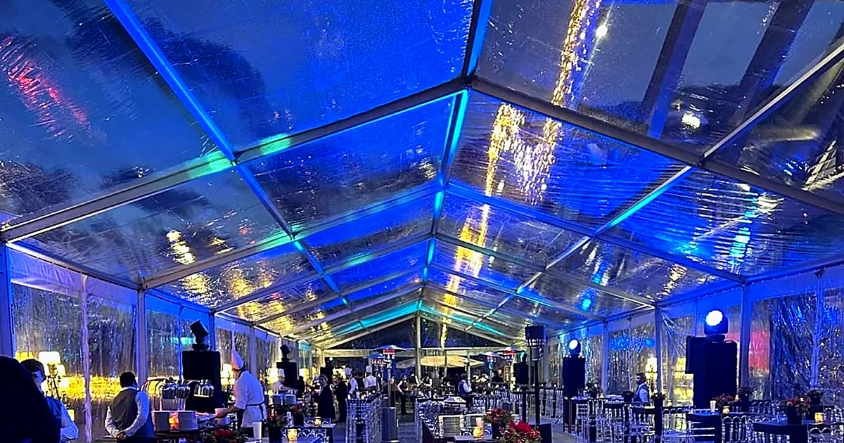 Cocktail setup under a transparent tent – corporate food and beverage tasting event organization