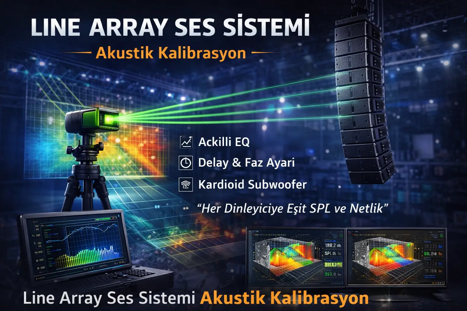 Professional line array sound system installation and AI-assisted acoustic simulation