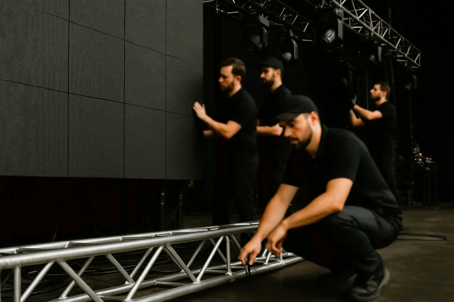 Sahneva professional crew preparing a stage and technical setup