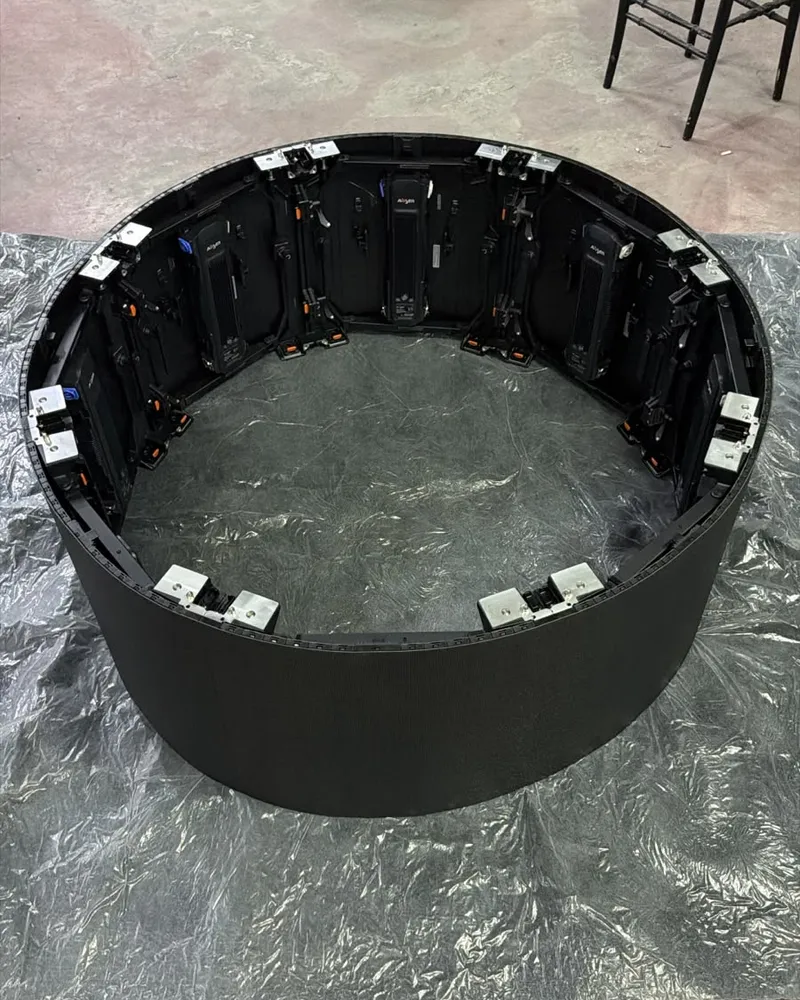 Rear connections of eight Absen P1.9 LED panels joined at 45 degrees to form a 360-degree circular display
